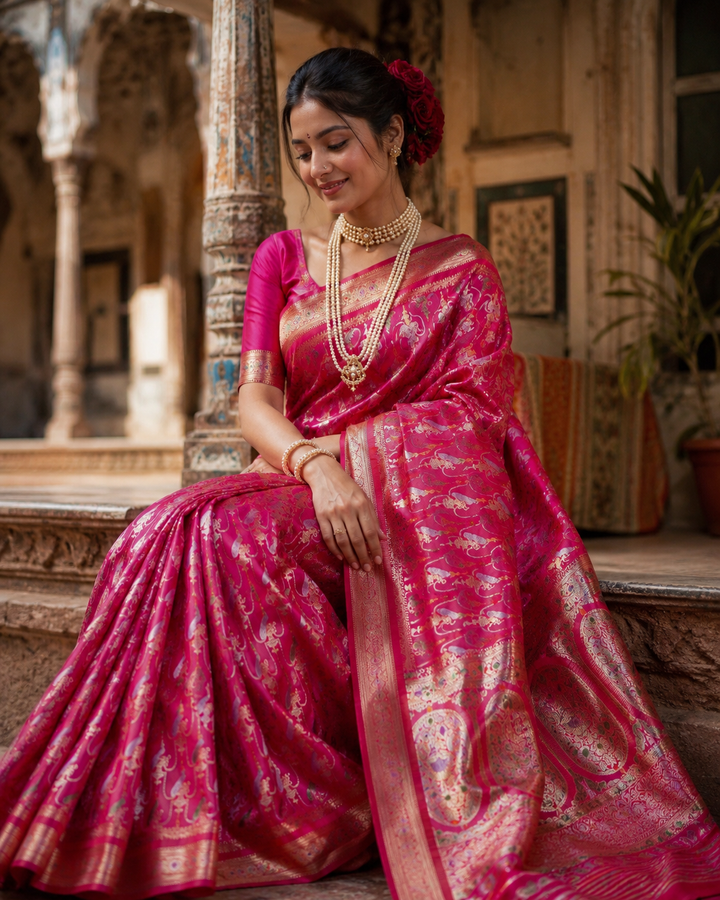 Premium Banarasi Katan Silk Saree with Rich Meenakari Zari Weaving &amp; Running Blouse