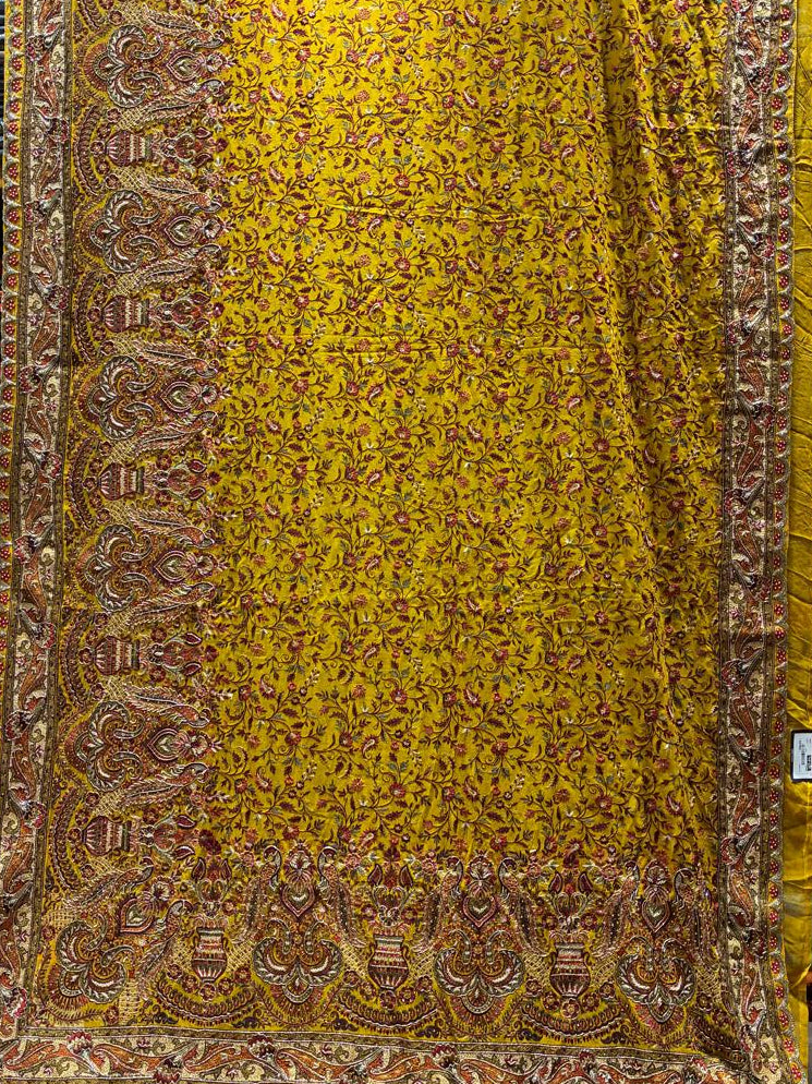 Mustard Yellow Designer Georgette Saree with All-Over Thread Embroidery &amp; Heavy Woven Border