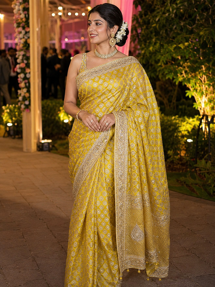Premium Pure Katan Handloom Saree with Hand Embroidery &amp; Zari Work