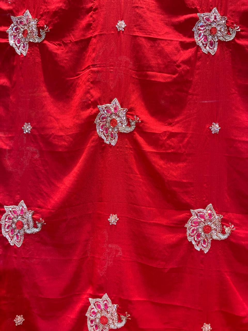 Premium Red Chiffon Saree with Hand Embroidery &amp; Golden Border