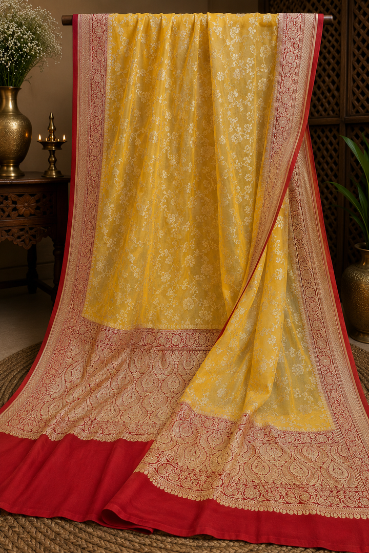 Yellow Khaddi Banarasi Georgette Saree