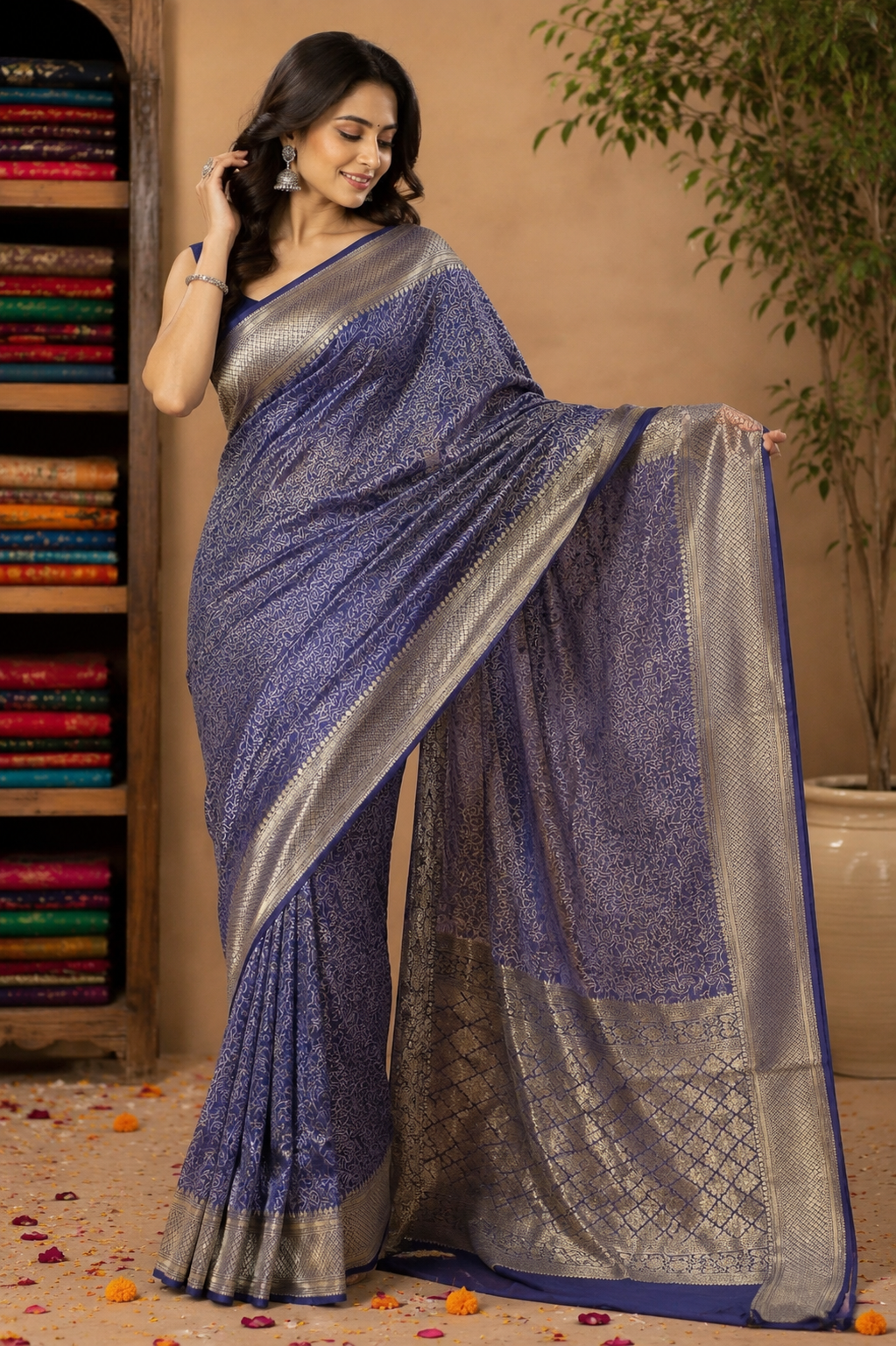 Royal Navy Blue Jamdani Silk Saree with Intricate Floral Jaal &amp; Rich Zari Pallu
