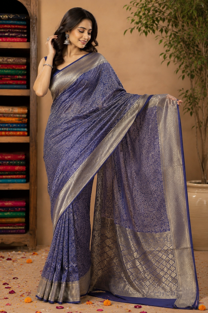 Royal Navy Blue Jamdani Silk Saree with Intricate Floral Jaal &amp; Rich Zari Pallu