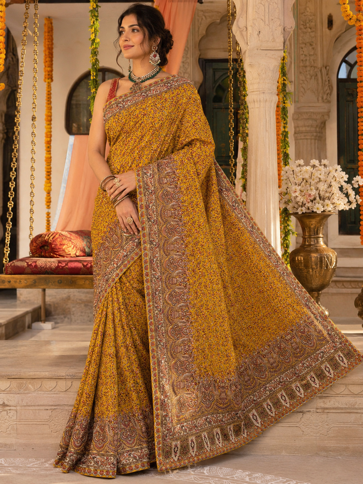 Mustard Yellow Designer Georgette Saree with All-Over Thread Embroidery &amp; Heavy Woven Border
