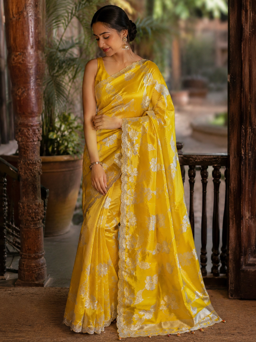 Yellow Banarasi Saree with Mirror Work