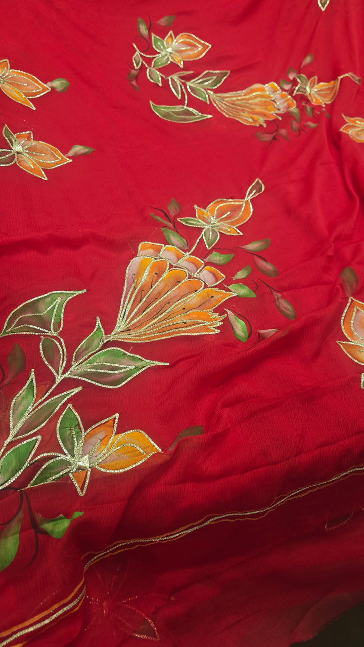 Red Chiffon Hand-Painted Pitta Gota Work Saree