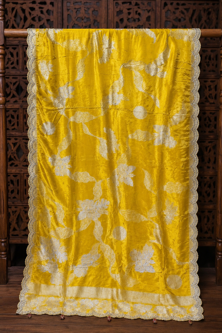 Yellow Banarasi Saree with Mirror Work