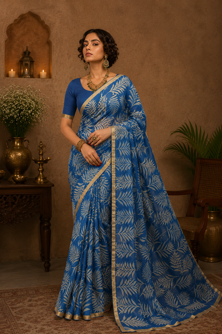 Blue Printed Chiffon Saree with Elegant Floral Leaf Print &amp; Golden Border