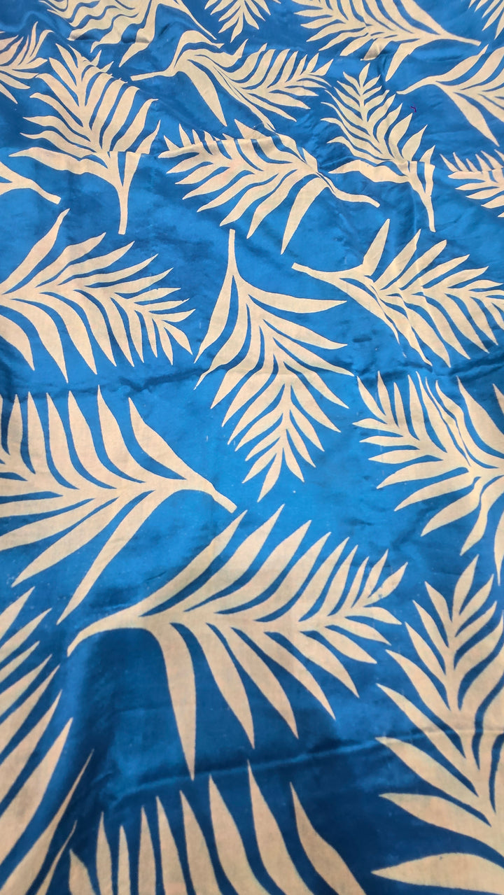 Blue Printed Chiffon Saree with Elegant Floral Leaf Print &amp; Golden Border