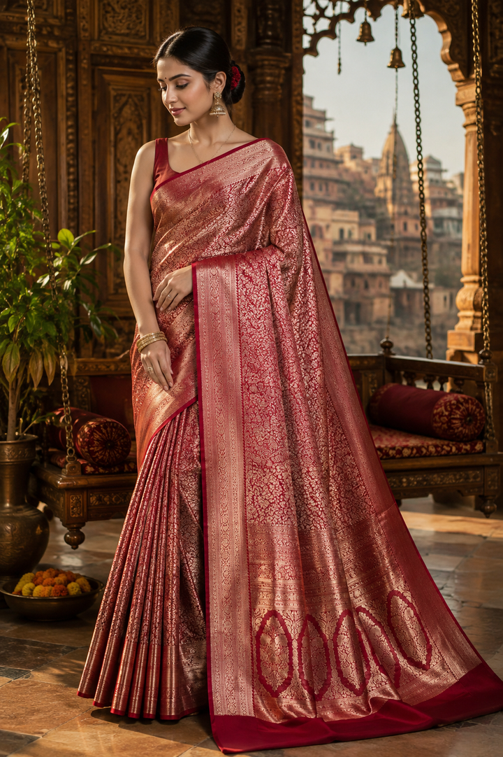 Red Jamdani Silk Banarasi Saree with Zari Work
