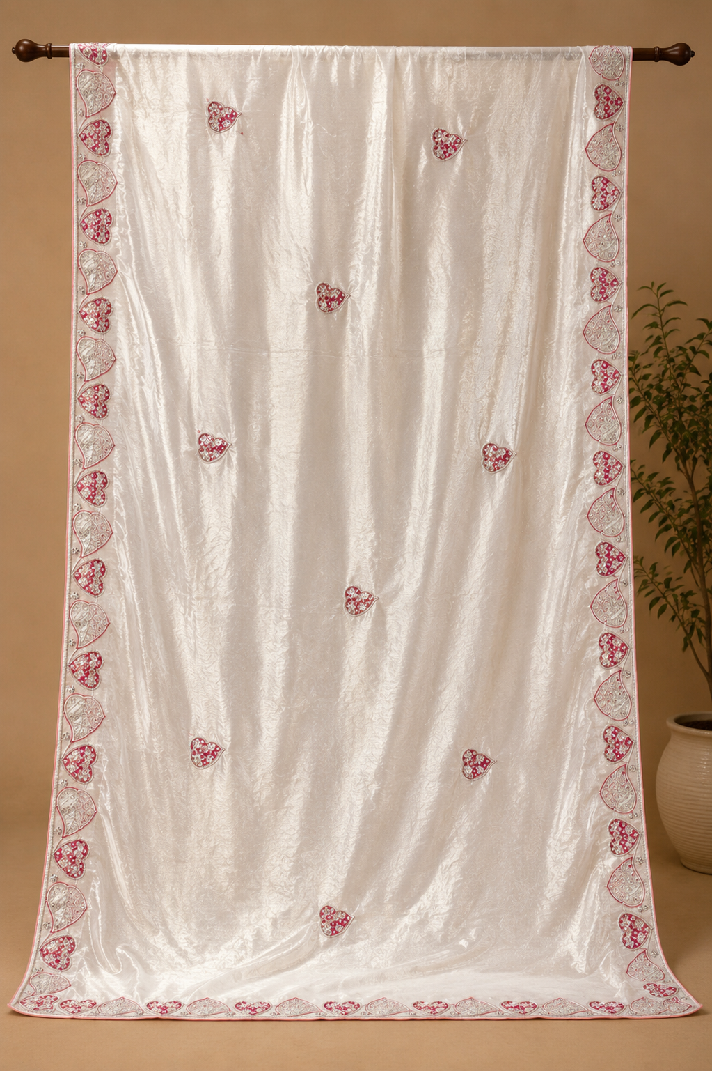 Ivory Pearl Crepe Silk Saree with Red &amp; Silver Embroidered Heart Motifs