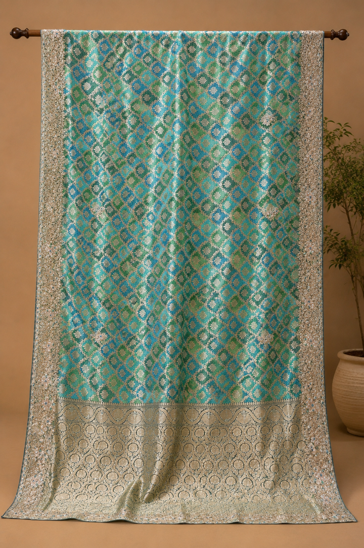 Emerald &amp; Turquoise Banarasi Rangkat Saree with Intricate Zari &amp; Embellished Border