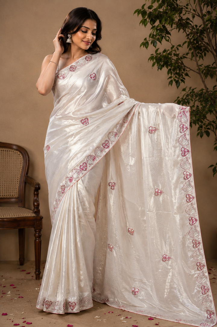 Ivory Pearl Crepe Silk Saree with Red &amp; Silver Embroidered Heart Motifs