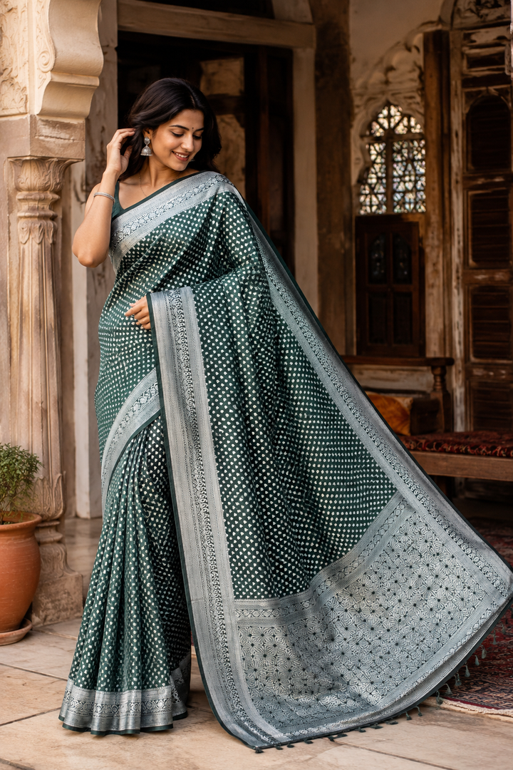 Emerald Green Chiffon Silk Saree with Traditional Buti Weaving