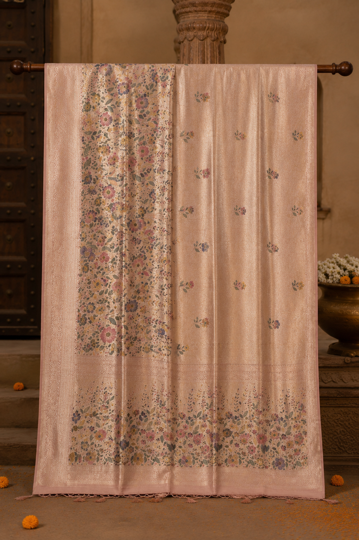 Pashmina Silk Saree with Multicolour Floral Weave &amp; Elegant Woven Border