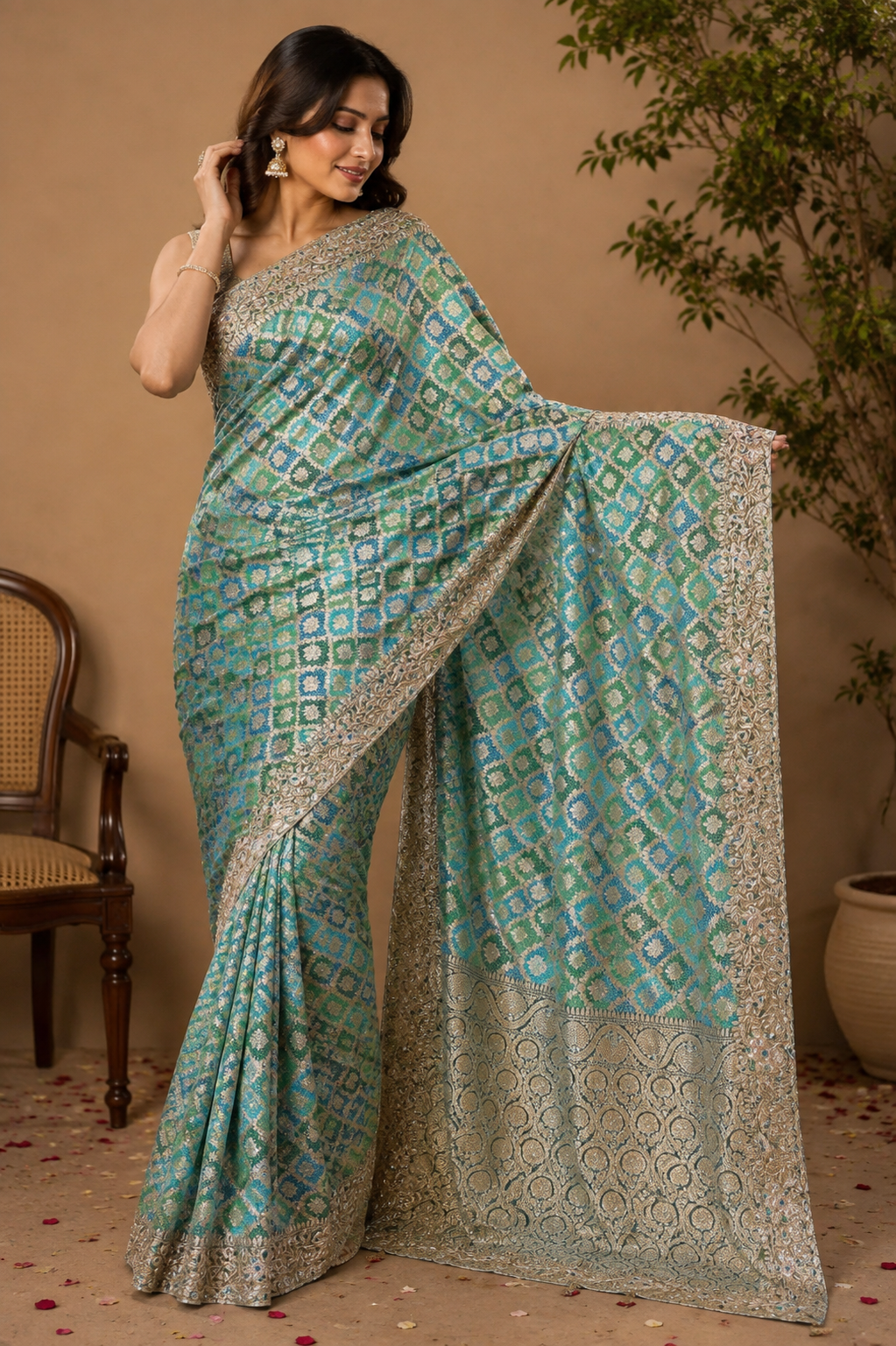 Emerald &amp; Turquoise Banarasi Rangkat Saree with Intricate Zari &amp; Embellished Border