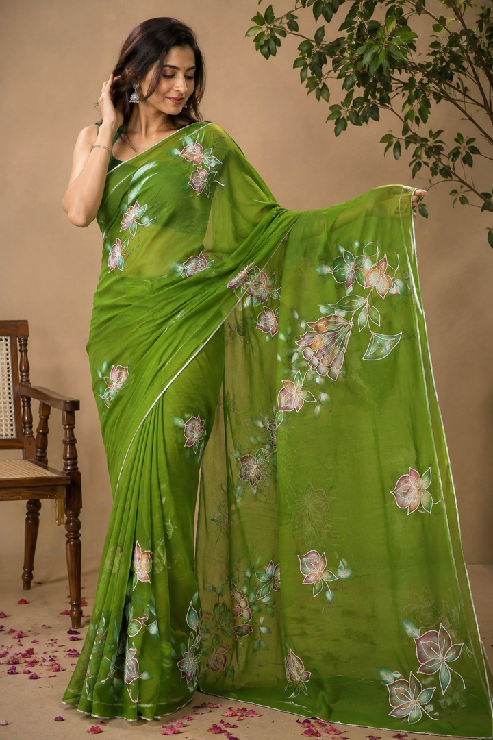 Mehendi Green Hand-Painted Chiffon Saree with Gota Patti Work