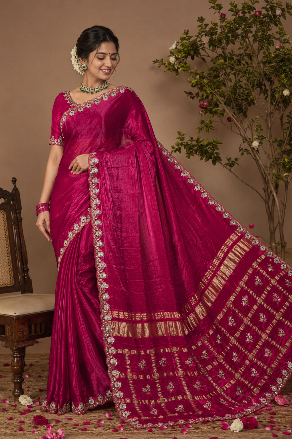 Royal Rani Pink Satan Silk Saree with Handcrafted Work