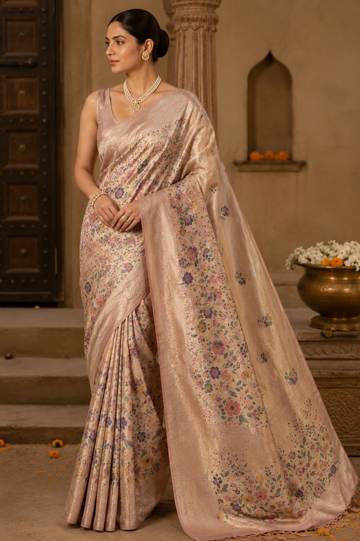 Pashmina Silk Saree with Multicolour Floral Weave &amp; Elegant Woven Border