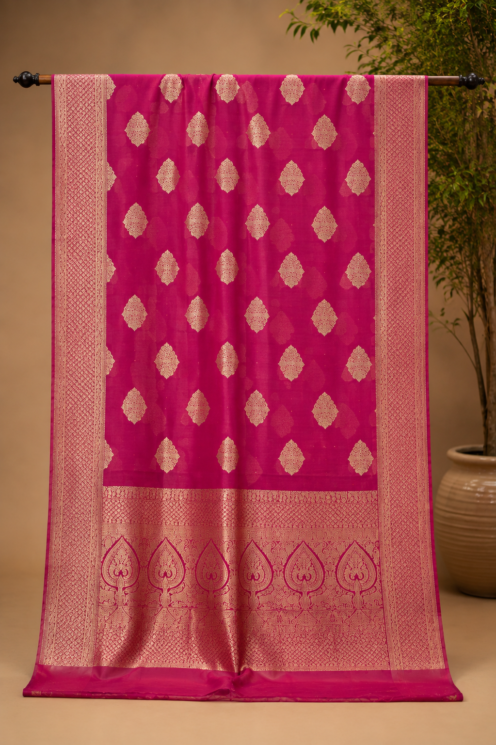 Rani Pink Chiffon Saree with Zari Buta Work