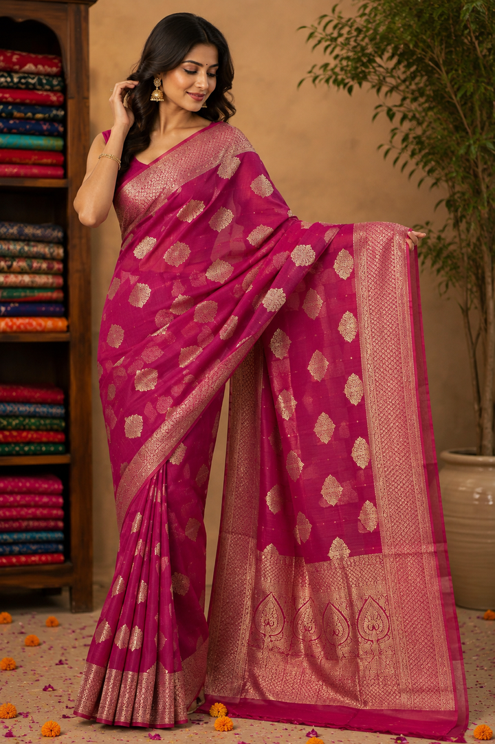 Rani Pink Chiffon Saree with Zari Buta Work