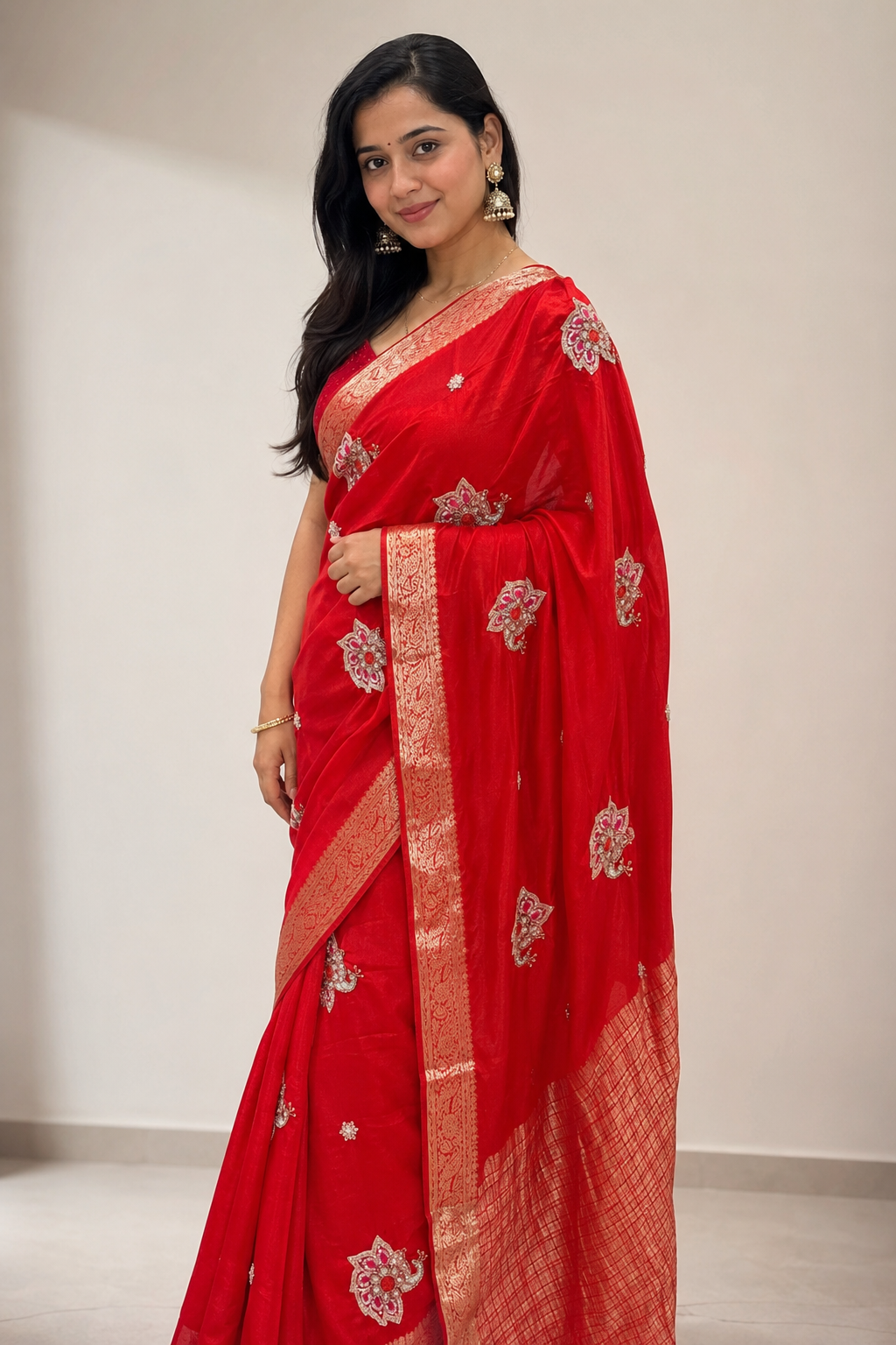 Premium Red Chiffon Saree with Hand Embroidery &amp; Golden Border