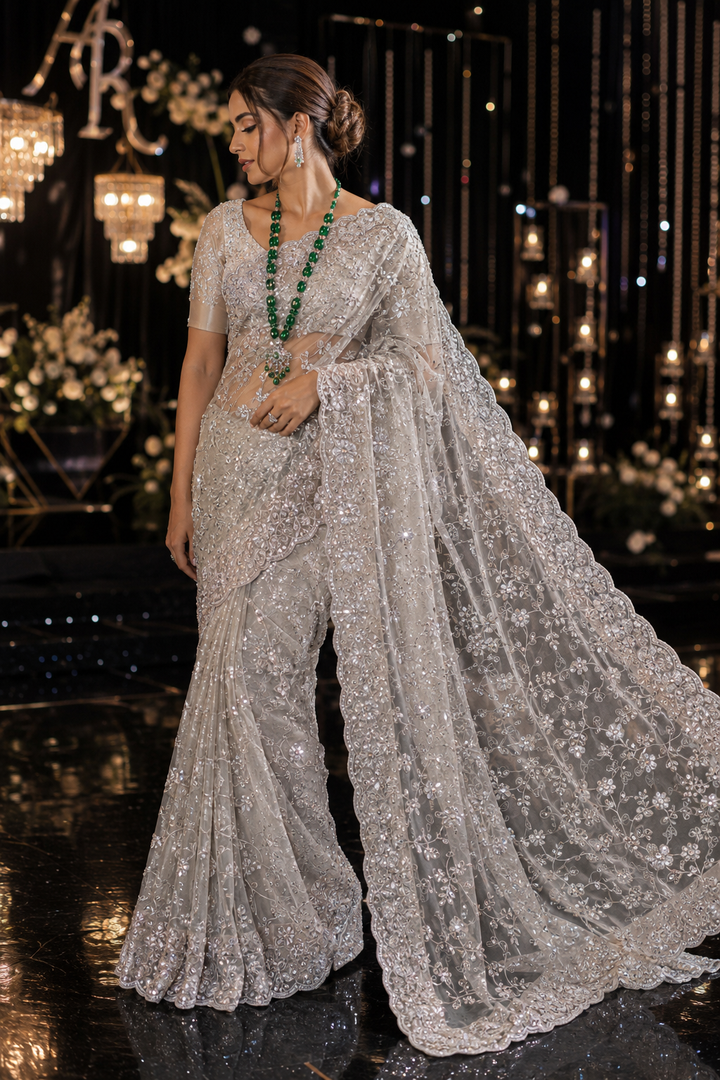 Heavy Net Embroidered Saree with All-Over Jaal Work &amp; Readymade Blouse