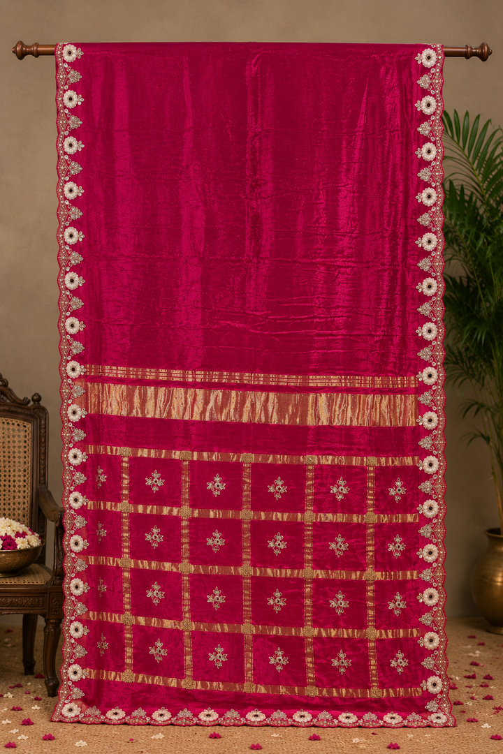 Royal Rani Pink Satan Silk Saree with Handcrafted Work