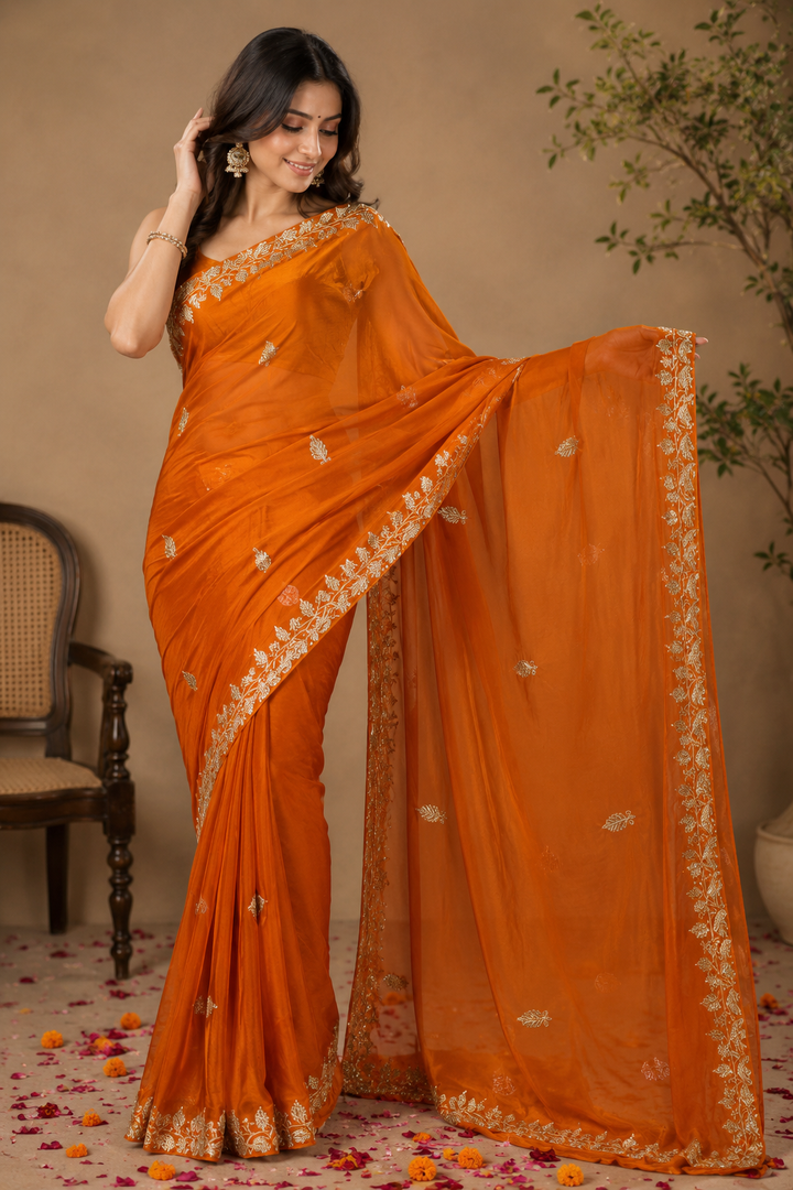 Burnt Orange Synthetic Chiffon Saree with Golden Leaf Embroidery &amp; Floral Vine Border