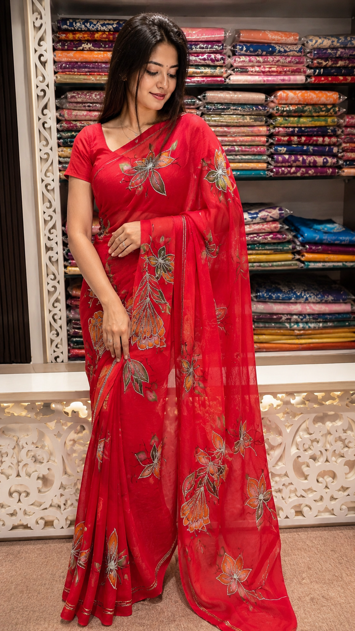 Red Chiffon Hand-Painted Pitta Gota Work Saree
