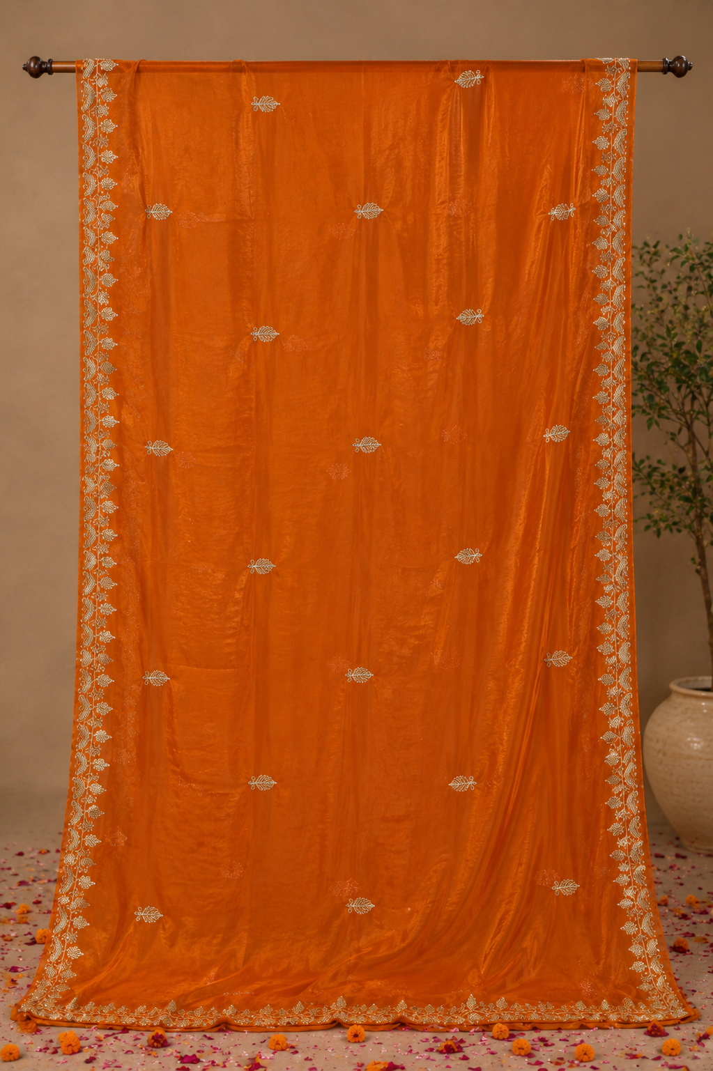 Burnt Orange Synthetic Chiffon Saree with Golden Leaf Embroidery &amp; Floral Vine Border
