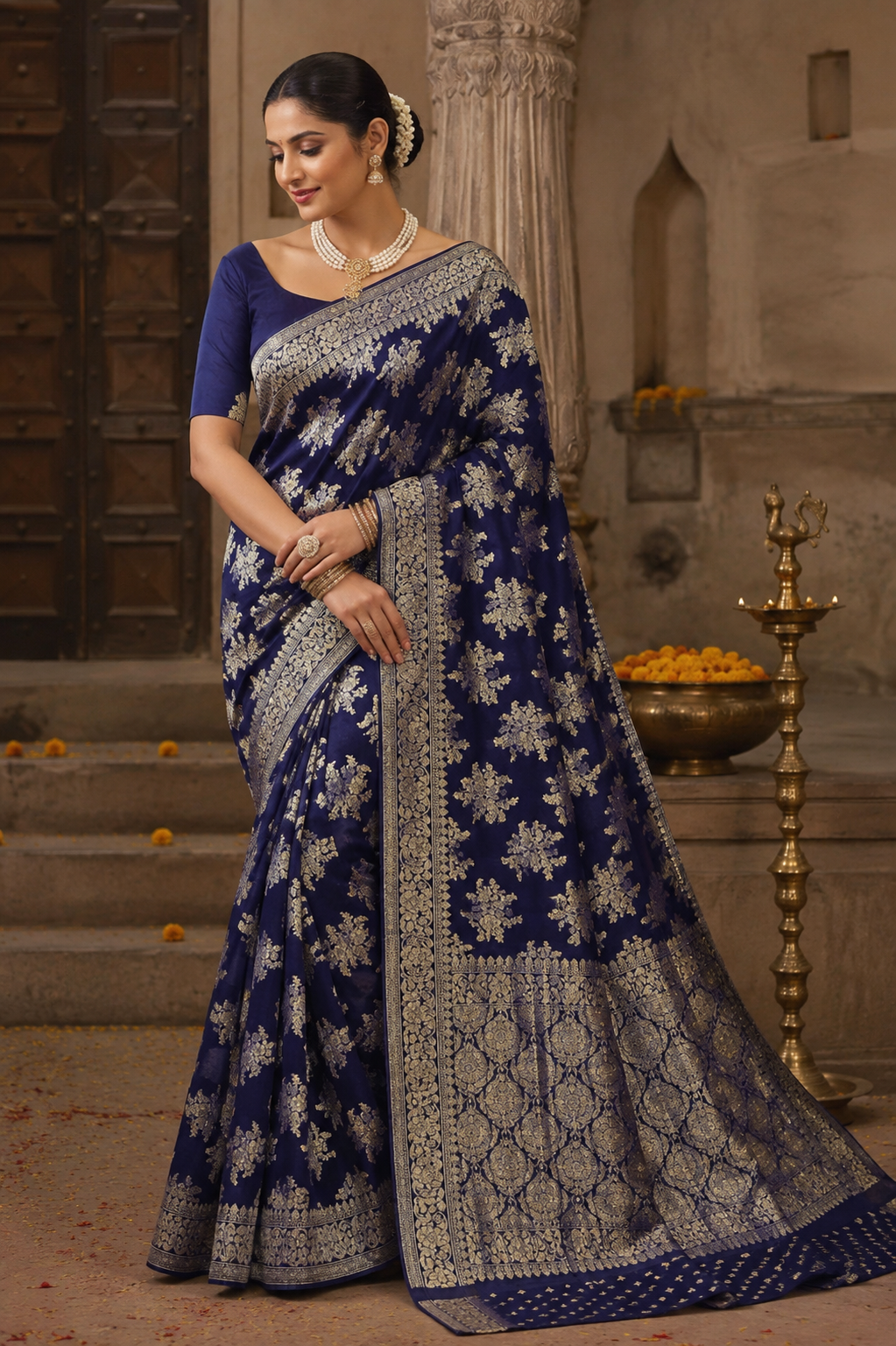 Royal Navy Blue Chiffon Saree with Zari Floral Buta &amp; Rich Woven Pallu