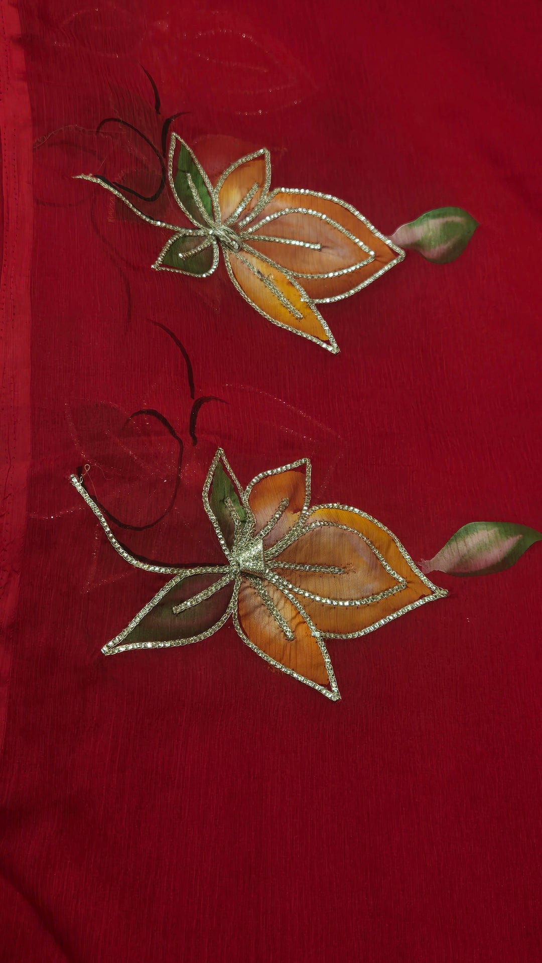 Red Chiffon Hand-Painted Pitta Gota Work Saree