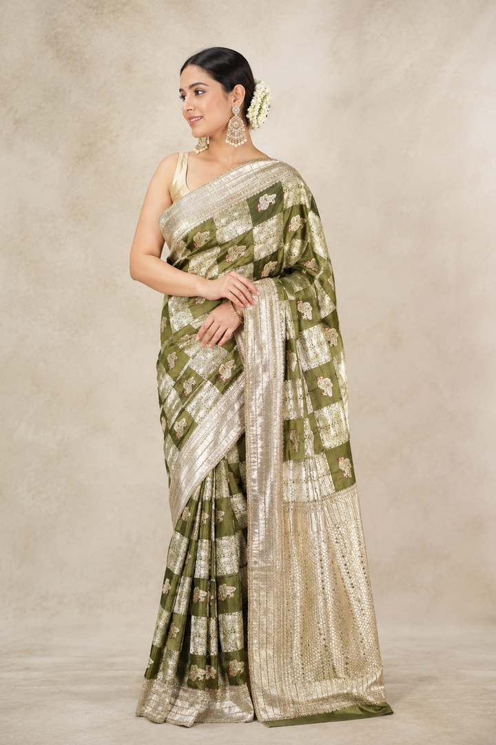 Olive Green Banarasi  Saree with Cutdana Work