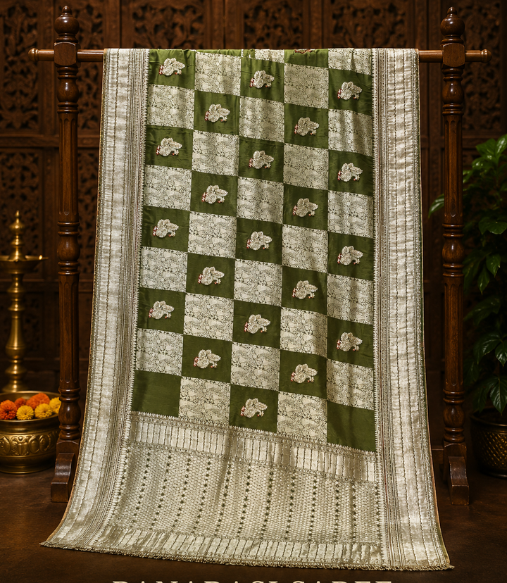 Olive Green Banarasi  Saree with Cutdana Work