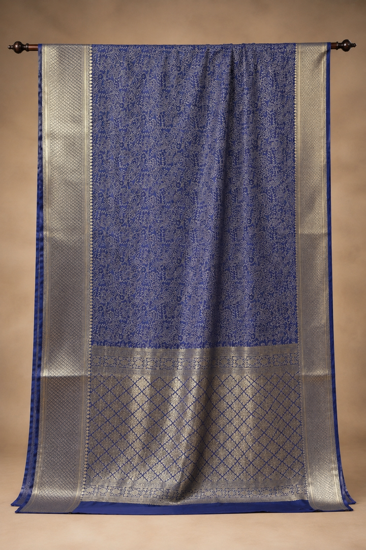 Royal Navy Blue Jamdani Silk Saree with Intricate Floral Jaal &amp; Rich Zari Pallu