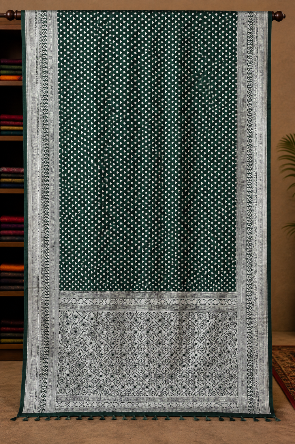 Emerald Green Chiffon Silk Saree with Traditional Buti Weaving
