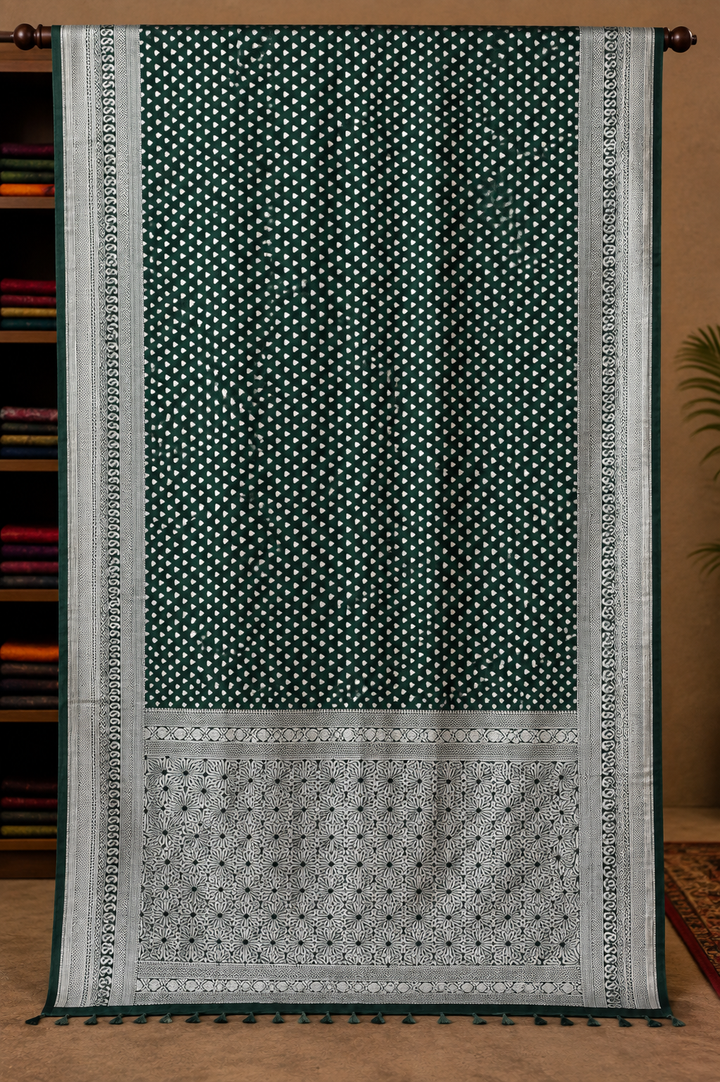 Emerald Green Chiffon Silk Saree with Traditional Buti Weaving