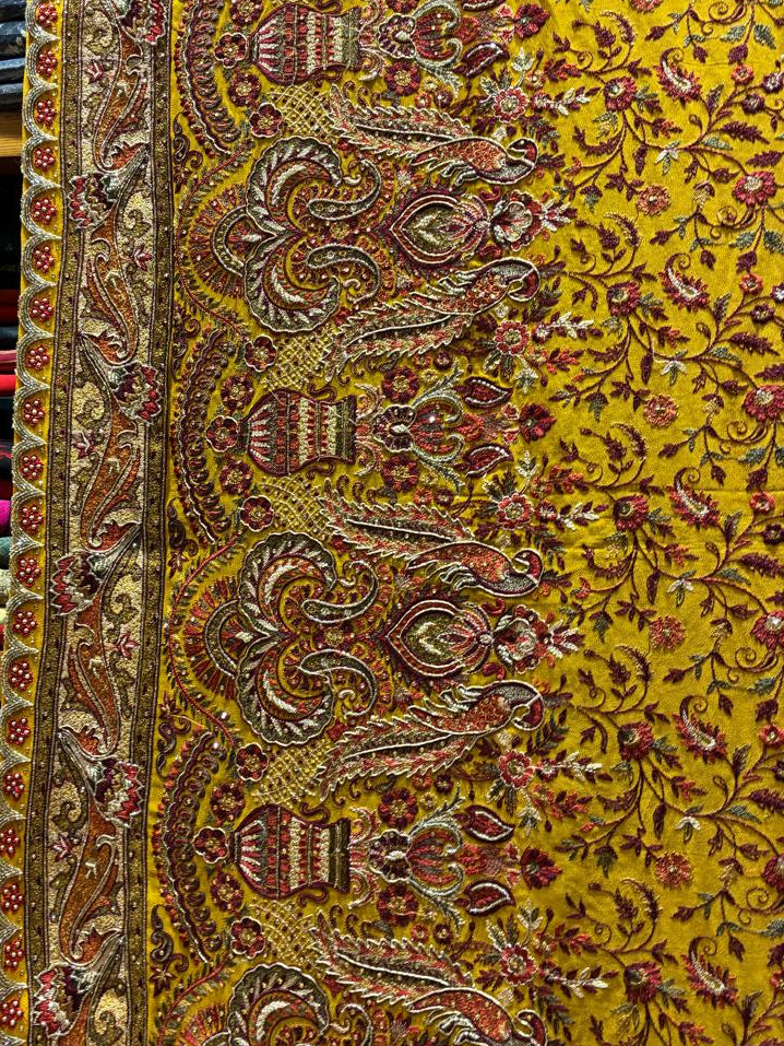 Mustard Yellow Designer Georgette Saree with All-Over Thread Embroidery &amp; Heavy Woven Border