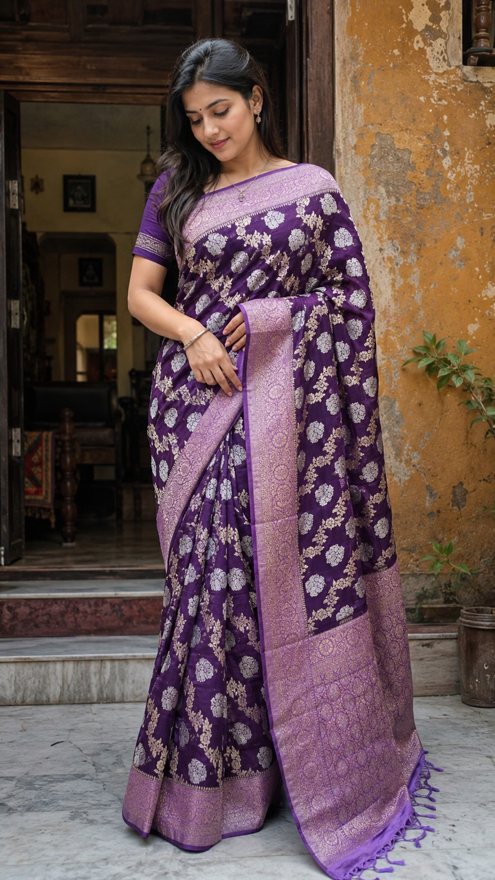 Premium Chiffon Saree with Gold &amp; Silver Zari Weaving