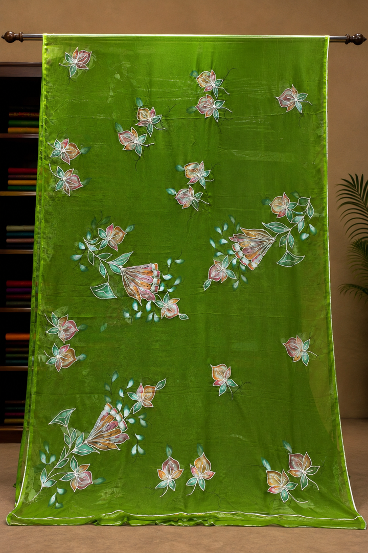 Mehendi Green Hand-Painted Chiffon Saree with Gota Patti Work
