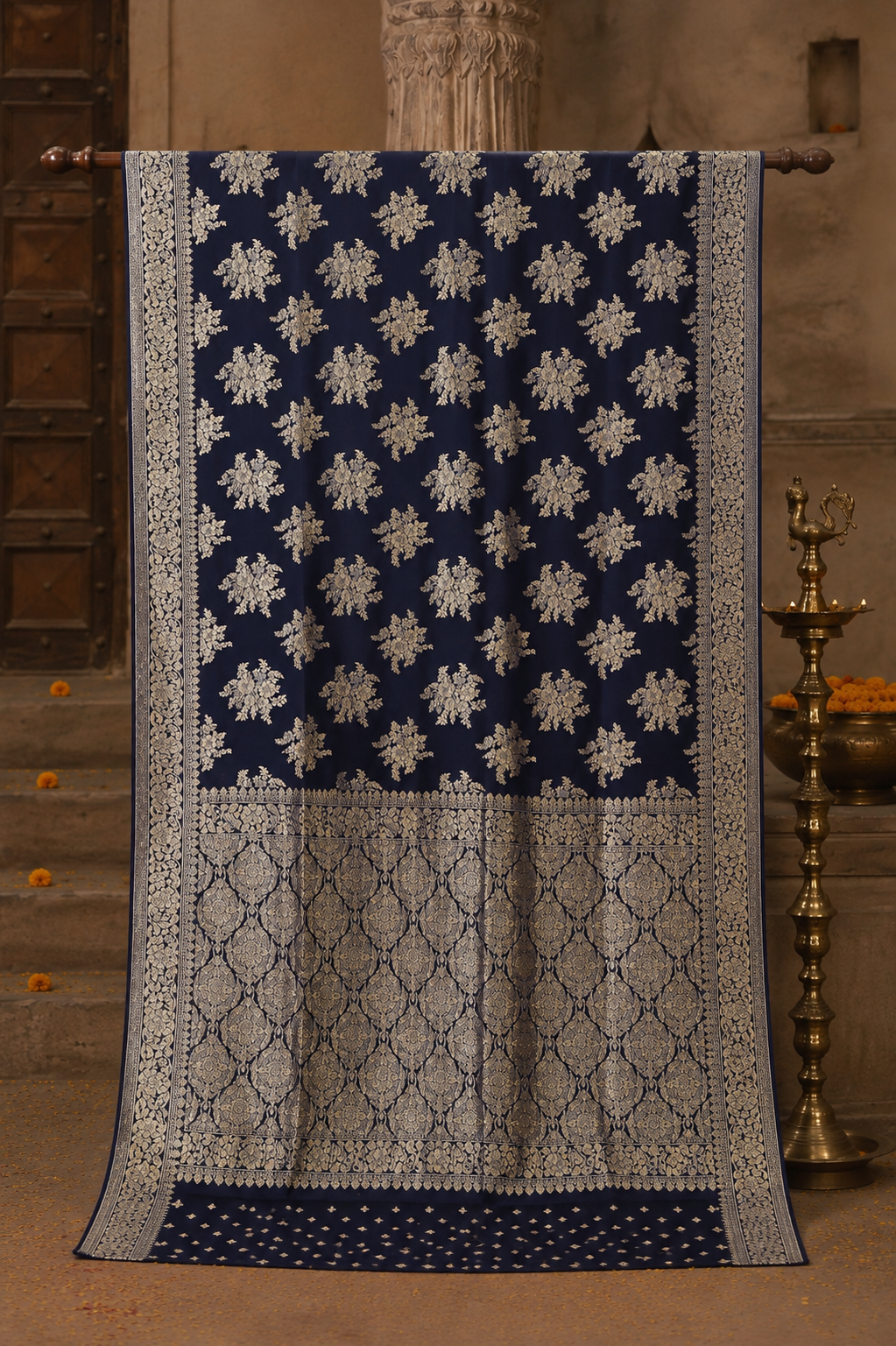Royal Navy Blue Chiffon Saree with Zari Floral Buta &amp; Rich Woven Pallu