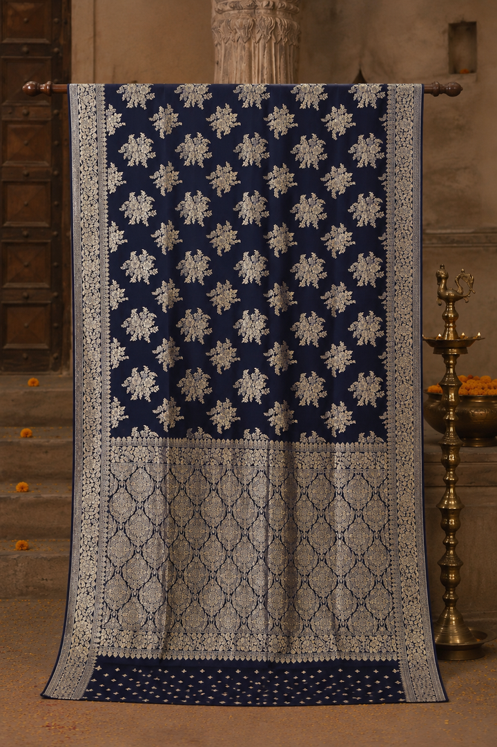 Royal Navy Blue Chiffon Saree with Zari Floral Buta &amp; Rich Woven Pallu