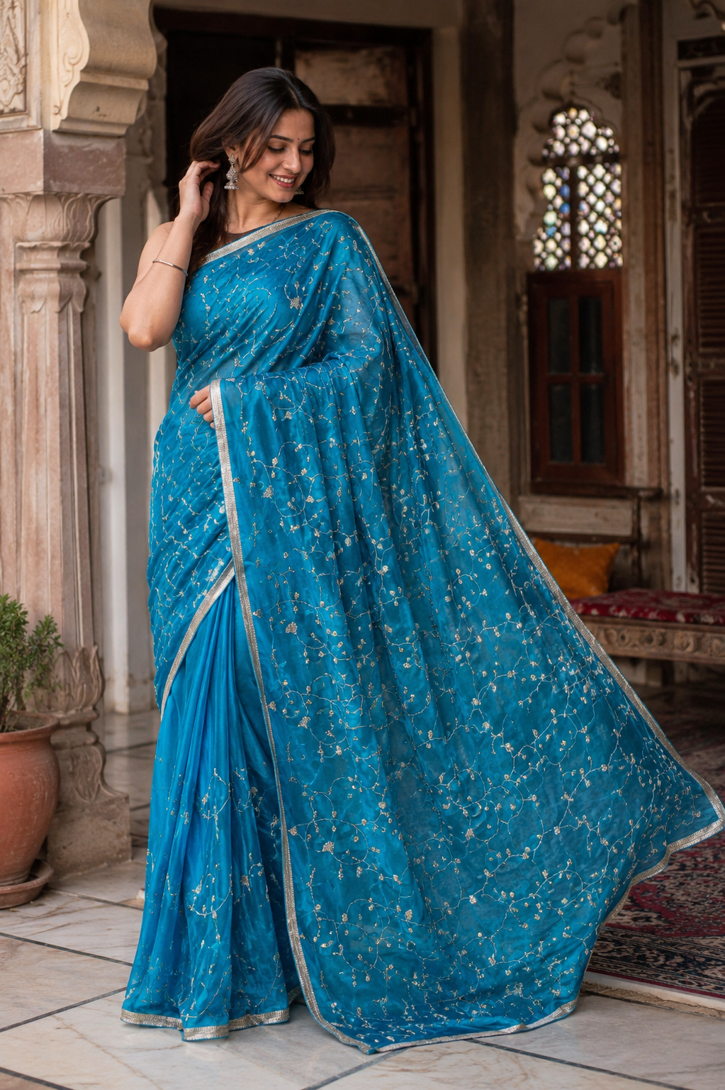 Turquoise Blue Chiffon Saree
