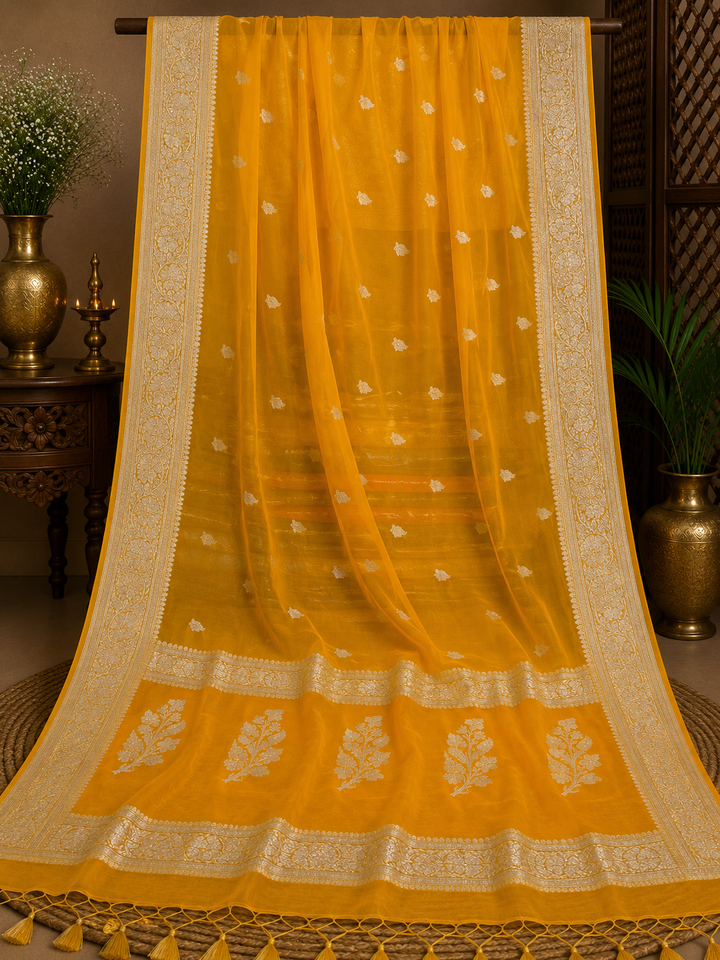Yellow Chiffon Banarasi Saree